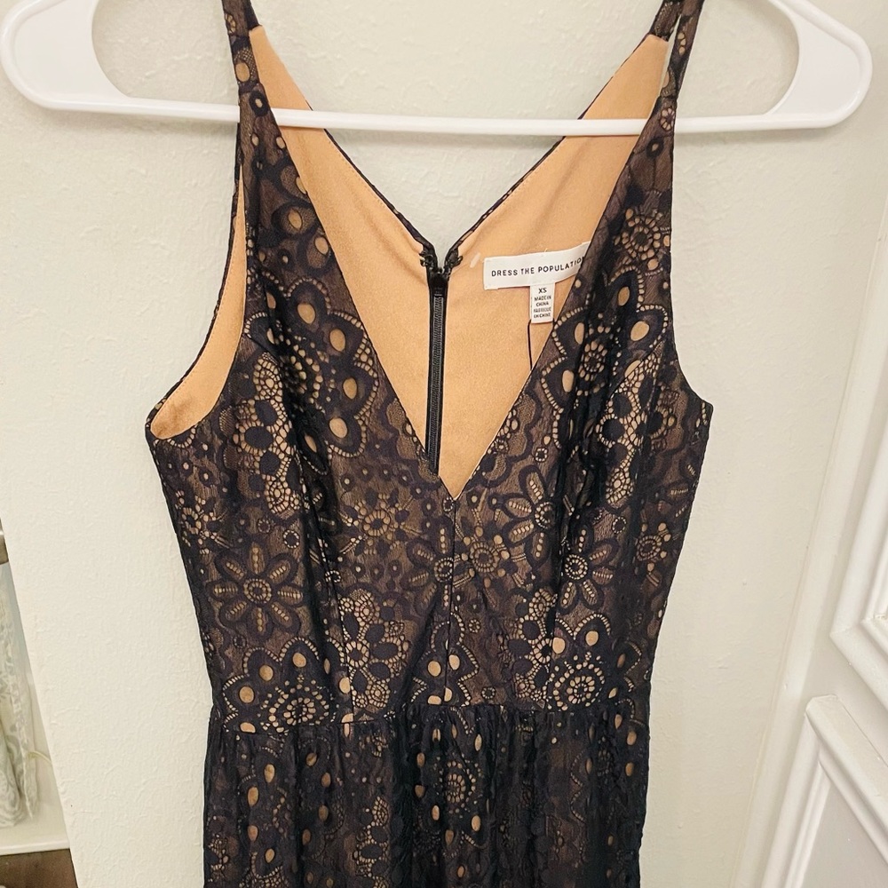 NWT XS Dress the Population long midi beige with long black lace V neck dress